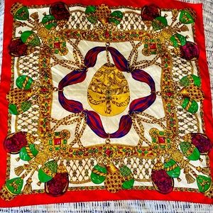 Silk Scarf Sun kyung Sa Jeweled Eggs & Chains, Red, Gold, Green,… Vintage